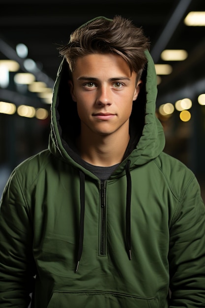 A closeup stock photo of a a teenager in a green hoodie posing for a picture