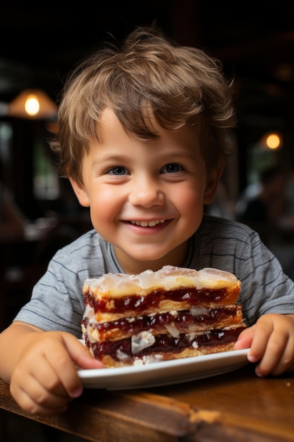 A closeup stock photo of a a two year old enjoying a sandwich with jelly on it