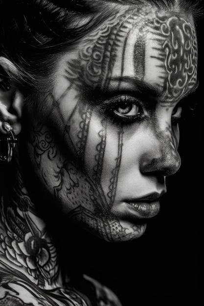 A closeup stock photo of a woman in black and white with tattoos