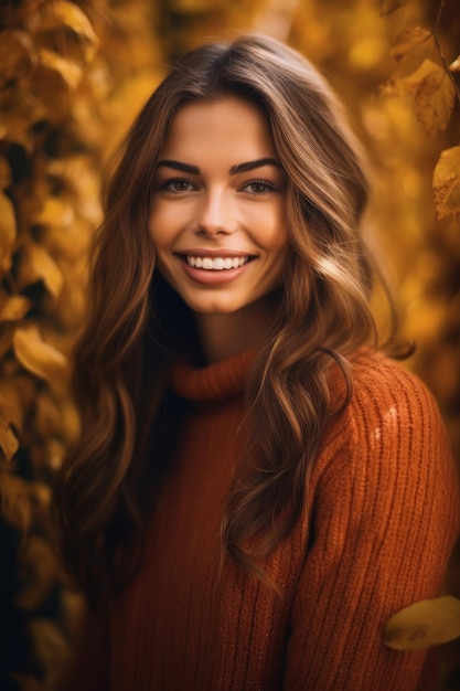 A closeup stock photo of the woman in a brown sweater is smiling