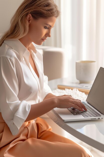 A closeup stock photo of a woman sitting at the desk