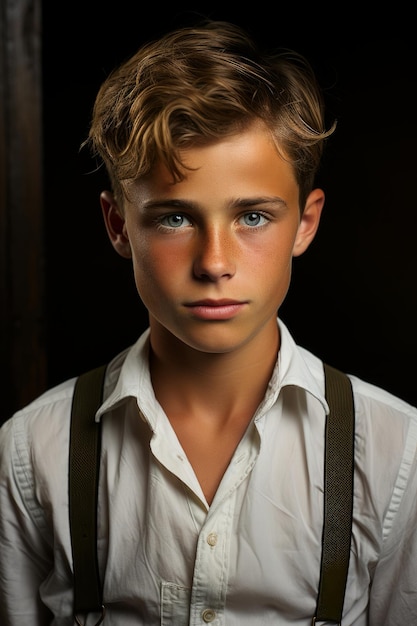 A closeup stock photo of a young actor is leaning against one wall with white shirt