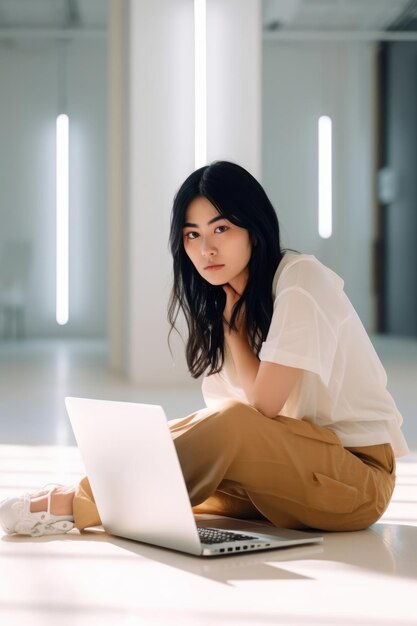 A closeup stock photo of a young asian woman using her laptop on the floor