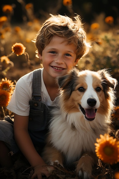 A closeup stock photo of a young boy and puppy in sunflower field