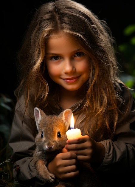 A closeup stock photo of a a young girl with little rabbit sitting in the grass