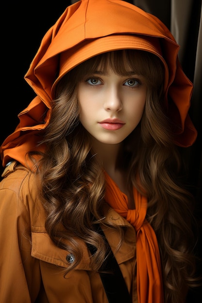 A closeup stock photo of a a young girl with long brown hair in an orange hat