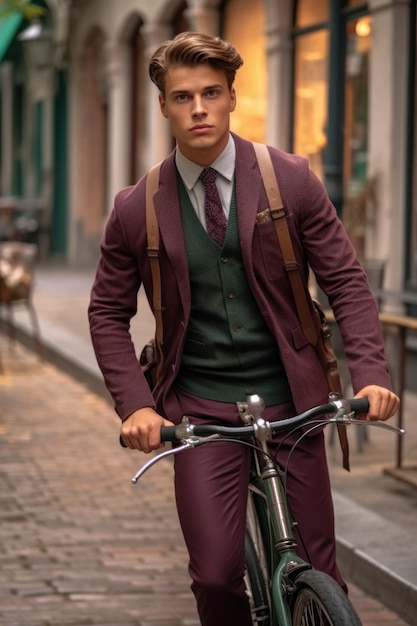 A closeup stock photo of a a young man with a bicycle