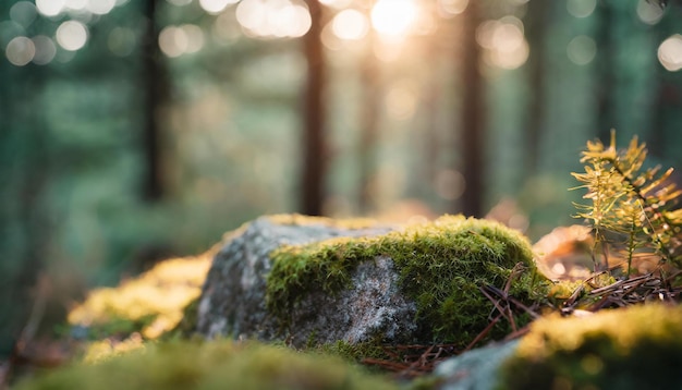 Closeup of stone covered with green moss in woodland Beautiful forest