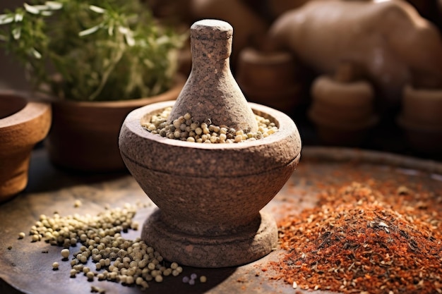 Closeup of a stone mortar with crushed coriander seeds