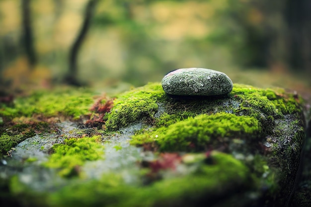Closeup of stone on mossy forest ground