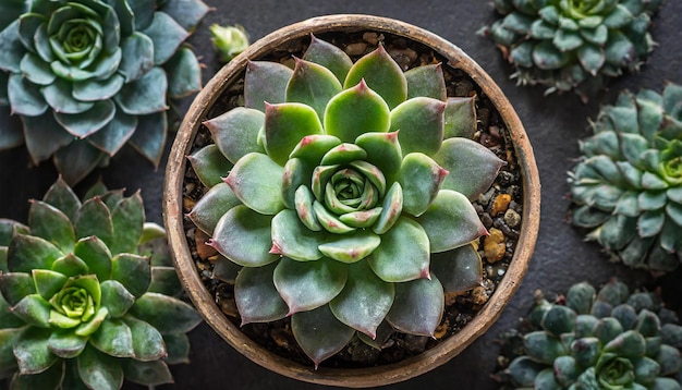 Photo closeup of stone rose succulent in pot green cactus house plant dark background flat lay