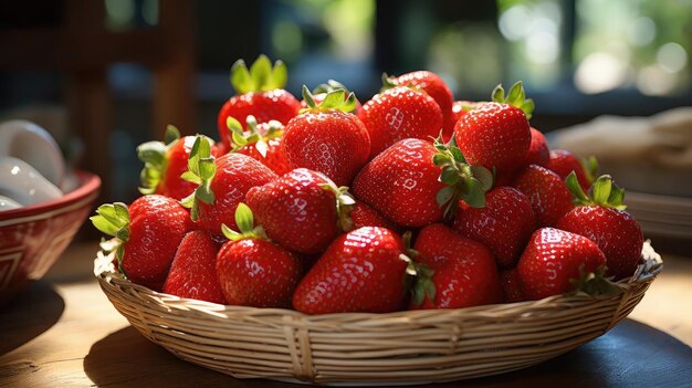 Closeup strawberries in a bamboo basket with blur background