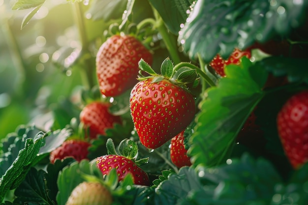 Closeup of strawberries growing on field