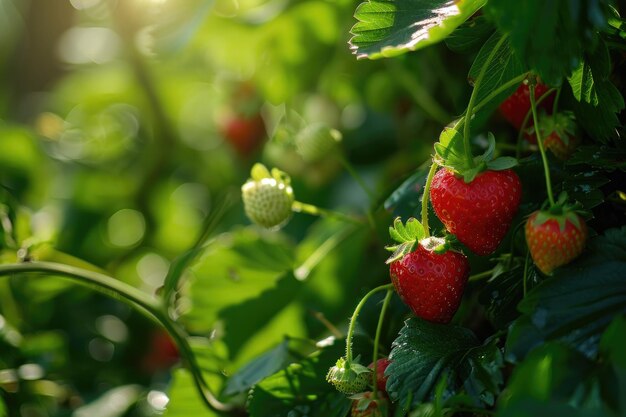 Closeup of strawberries growing on field