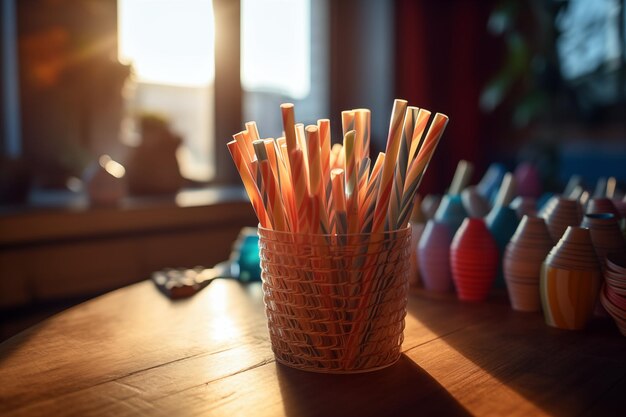 Closeup of straws in a vase on a wooden table Ai generated