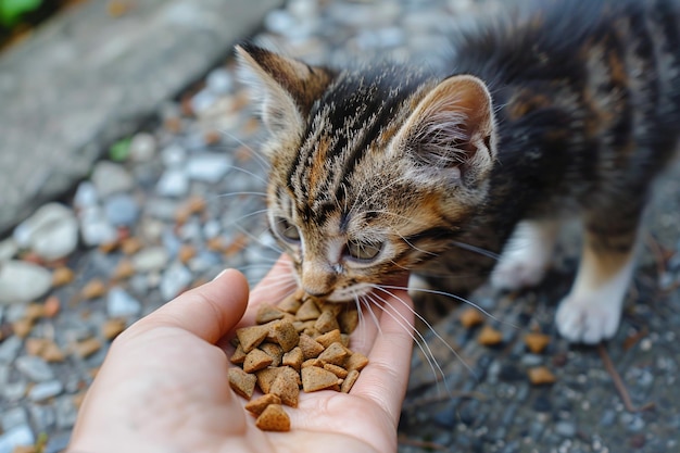 Близкий образ бездомного котенка, съедающего кошачью еду у людей на улице. Человек кормит бездомную кошку.