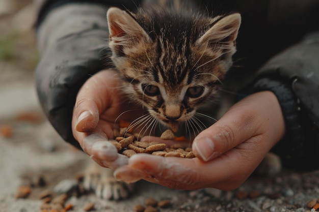 Близкий образ бездомного котенка, съедающего кошачью еду у людей на улице. Человек кормит бездомную кошку.