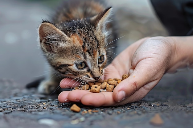 街で人から猫の食べ物を手に入れて食べている 流浪猫のクローザップ