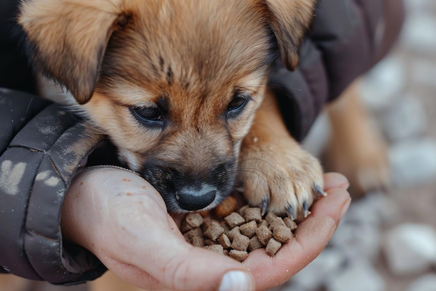 クローズアップ 流浪犬が犬の食べ物を食べる 路上の人から手を取る 人間がホームレスの犬にを与える