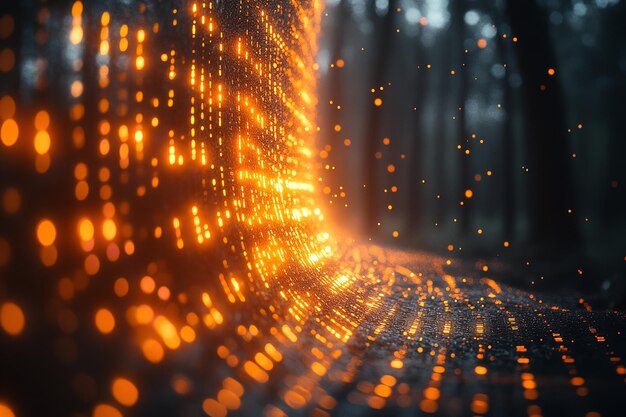 在數碼接口上流動二進制代碼的近景,具有代表複雜數據處理和編程的發光 Bokeh 效果