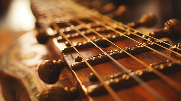 Photo closeup of the strings of a traditional indian stringed instrument the instrument is made of wood and has a beautiful design