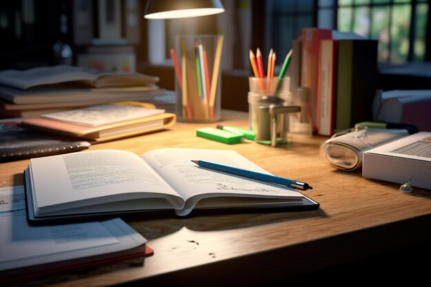 Photo closeup of a students desk with open textbooks generative ai