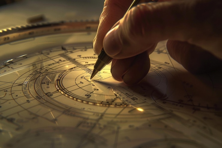 Photo closeup of a students hand using a compass to draw