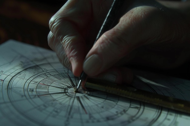 Closeup of a students hand using a compass to draw