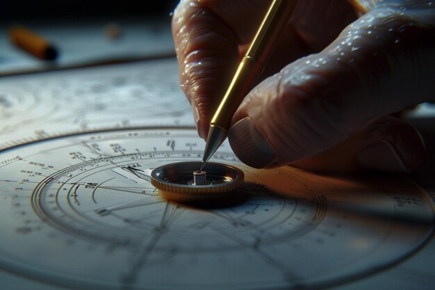 Closeup of a students hand using a compass to draw