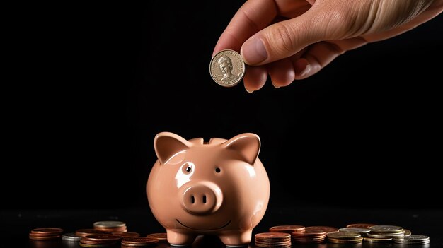 CloseUp Studio Hand Putting a Cent in a Piggybank