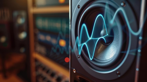 Closeup of a studio monitor speaker with sound waves