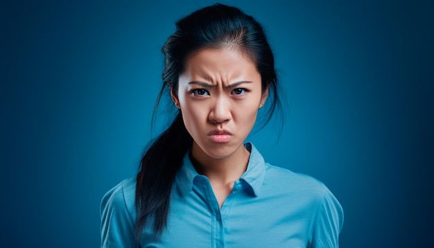 Photo closeup studio photograph of a young asian woman angry with a scowl wearing a blue shirt and a plain