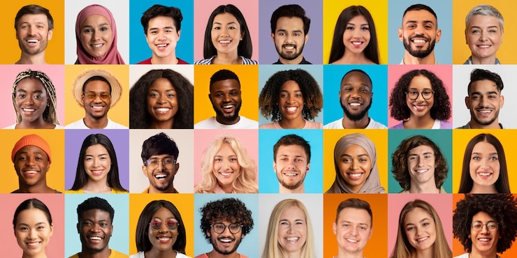 Photo closeup studio photos of men and women different nationalities collage