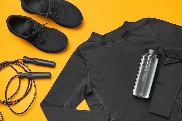 Closeup studio shot of a black gym accessories such as modern sport shoes tshirt bottle for water and skipping rope on a yellow background Top view flat lay Fitness and healthy lifestyle concept