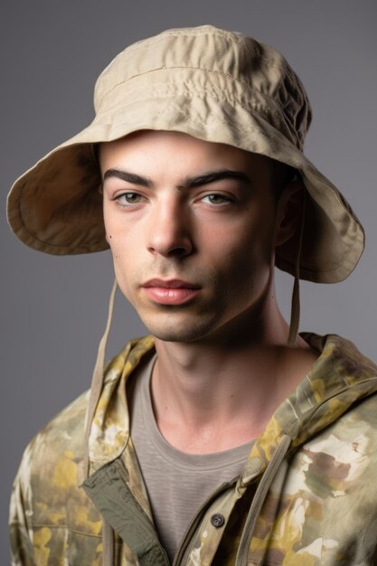 Closeup studio shot of a man in sustainable clothing against a grey background