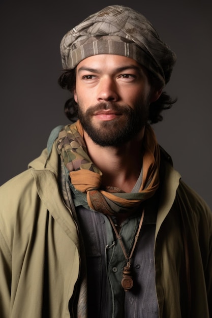 Closeup studio shot of a man in sustainable clothing against a grey background