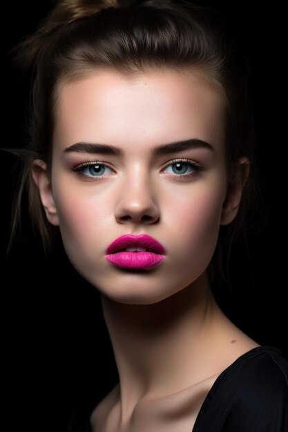 Closeup studio shot of a young woman with an edgy hairstyle and pink lipstick