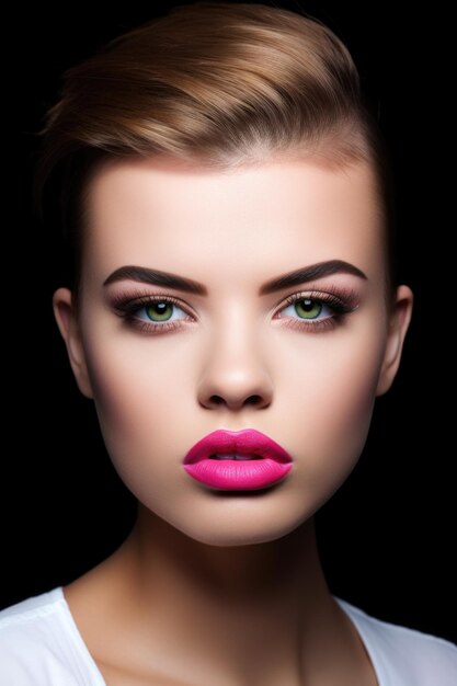 Closeup studio shot of a young woman with an edgy hairstyle and pink lipstick