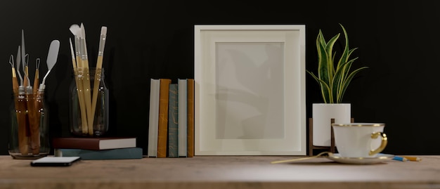 Closeup A study table or workspace with blank frame mockup on the table over black background