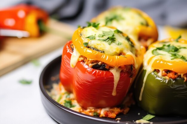 Photo closeup of a stuffed pepper overflowing with cheesy filling