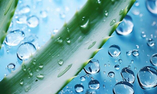 Photo closeup of succulent aloe vera leaves with water droplets on a blue background macro shot of dewkissed aloe vera leaves created with generative ai tools