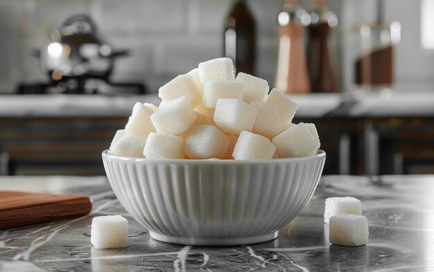 Photo closeup of sugar cubes in a white bowl