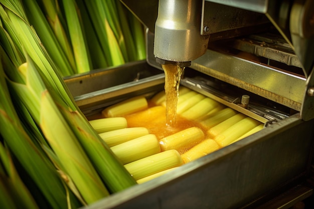 A closeup of sugarcane juice being poured into a glass with a slice of papaya