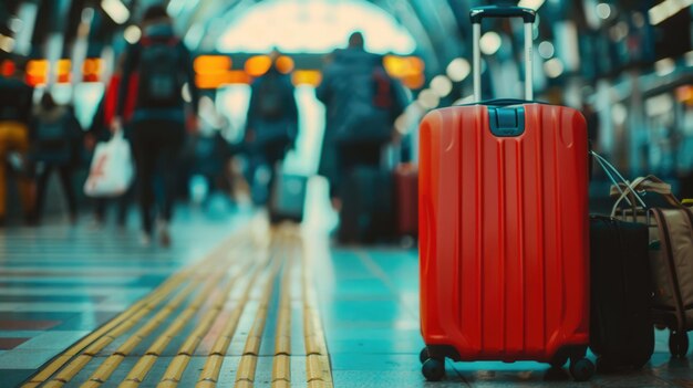 Foto valigia da vicino alla stazione ferroviaria