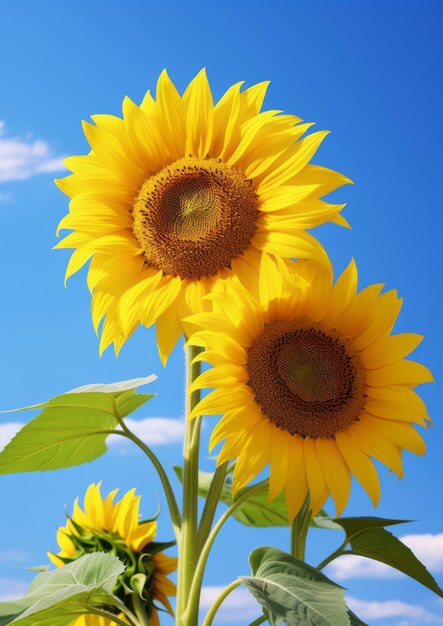 Closeup of sun flower against a blue sky