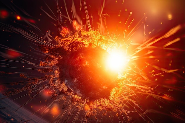 Closeup of sun with bursts of light and explosions in the background created with generative ai