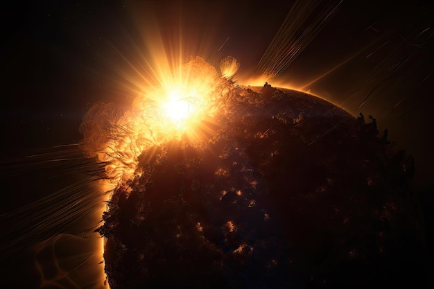 Closeup of the sun with explosions and flares visible in the photosphere created with generative ai