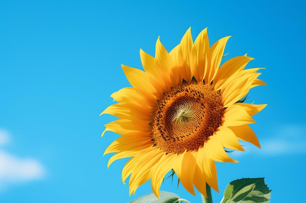 Closeup of a sunflower against a blue sky