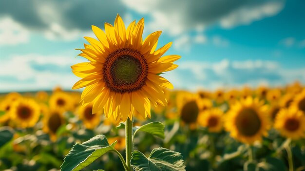 Closeup of a sunflower growing in a field of sunflowers during a nice sunny summer day with some clouds helianthus