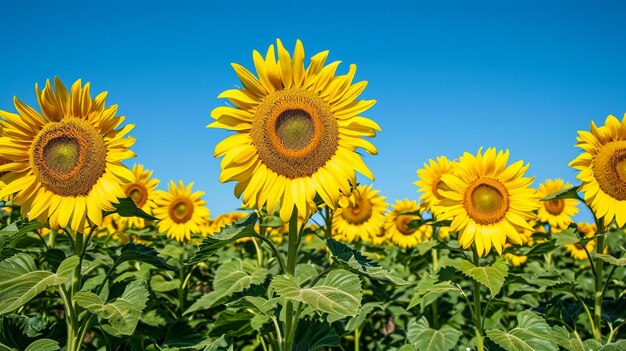 Closeup of a sunflower growing in a field of sunflowers during a nice sunny summer day with some clouds helianthus